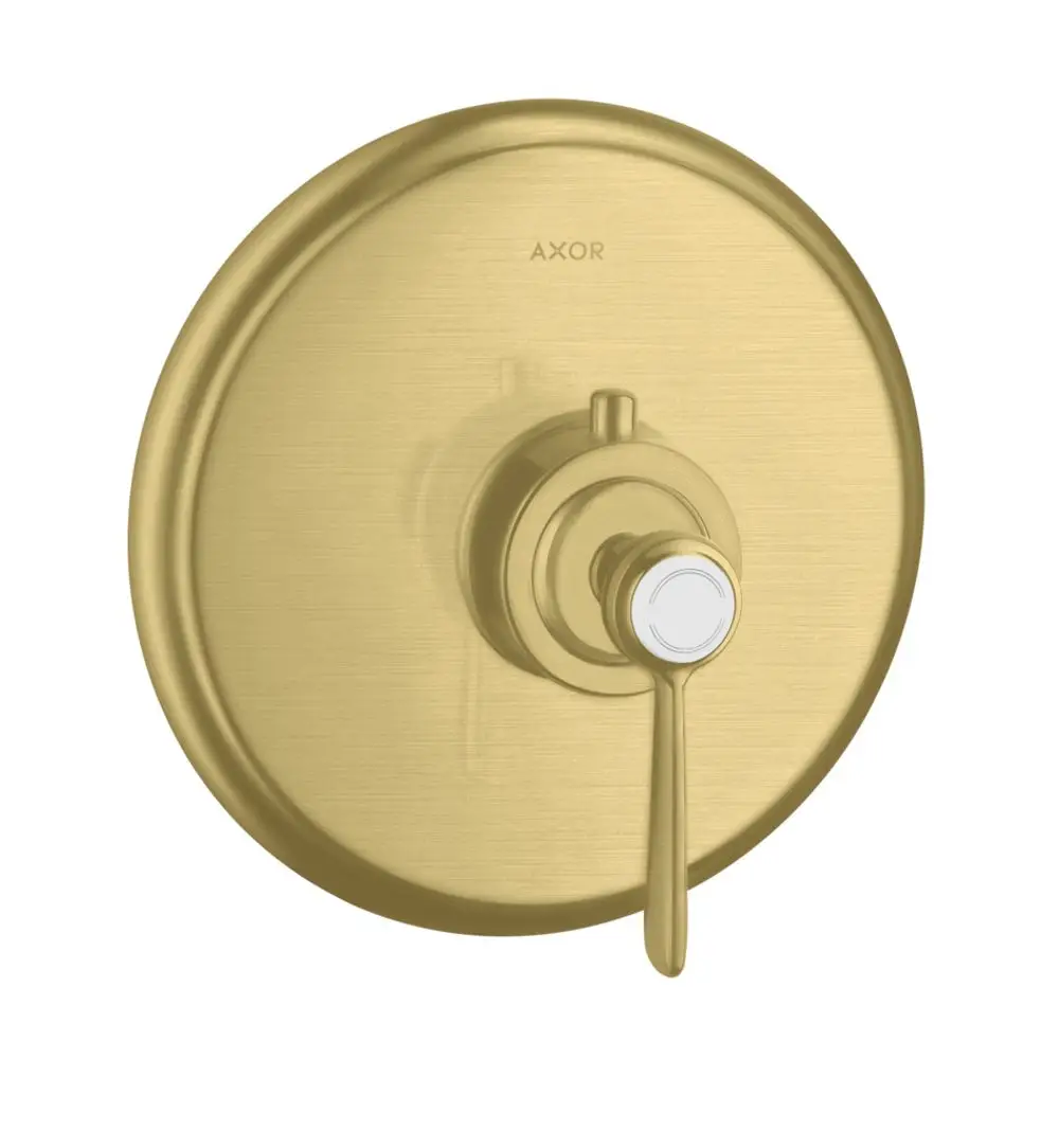 Wandmontierter Thermostat mit Hebelgriff in gebürstetem Messing, Marke AXOR, für die Steuerung von Wasserflüssen in einer Dusche oder Badewanne.
